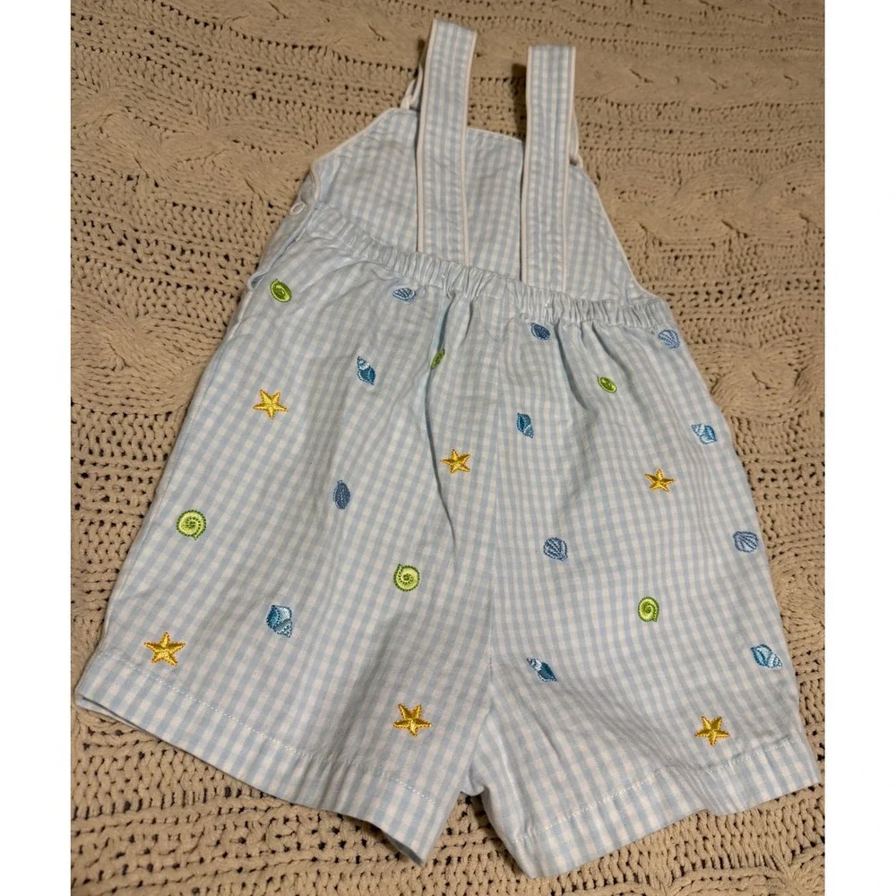 Gymboree Vintage 2003 Gingham Seashell Starfish Shortall Romper Blue 18-24M